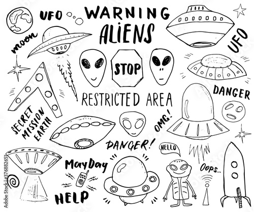 Aliens and Ufo Hand Drawn sketch Set. Cute Cartoon alien spaceships Doodles and Lettering Vector Illustration