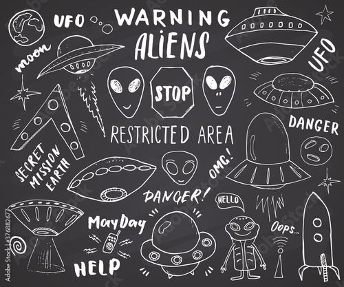 Aliens and Ufo Hand Drawn sketch Set. Cute Cartoon alien spaceships Doodles and Lettering Vector Illustration on chalkboard background