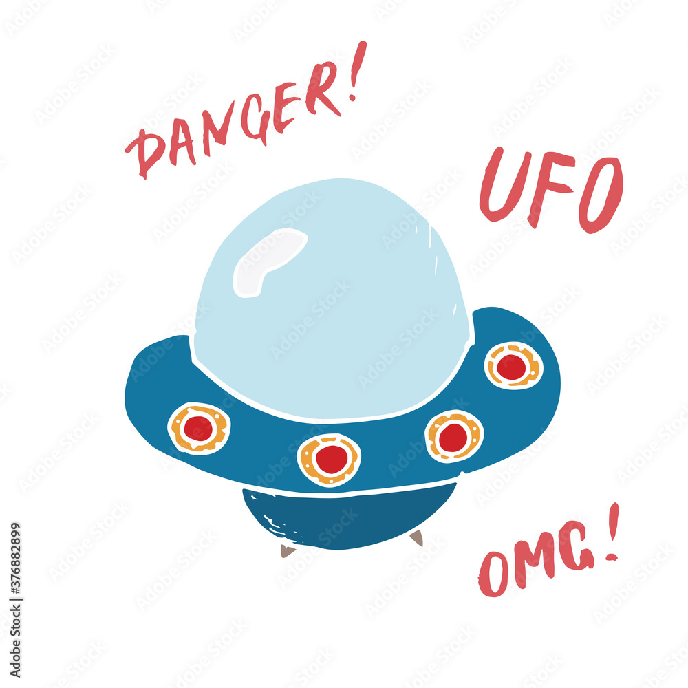 Cute Ufo Cartoon Hand Drawn aliens spaceship Doodle t-shirt print design. Vector Illustration
