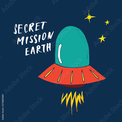 Cute Ufo Cartoon Hand Drawn aliens spaceship Doodle t-shirt print design. Vector Illustration
