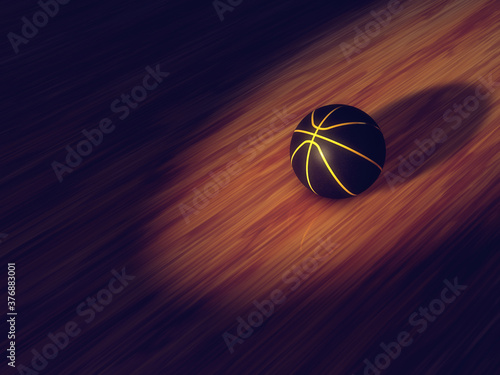 Black and gold ball on basketball court seen from the top with copy space © nobeastsofierce