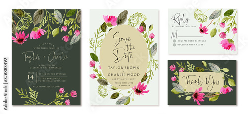 wedding invitation set with pink green flower watercolor
