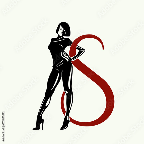 Beautiful woman silhouette and letter S.Girl power message.Feminist illustration.Latex suit.Sexy body shape isolated on light background.Young female.High heels stiletto shoes.