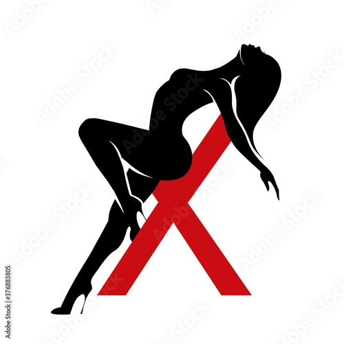 Beautiful woman silhouette and letter X.Nude illustration.Attractive body shape isolated on light background.Young female.Long hair and high heels stiletto shoes.Sexy dancer.