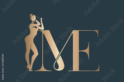Beautiful woman silhouette and word 'ME'.Girl power message.Feminist illustration.Attractive body shape isolated on dark background.Young female.Golden color.