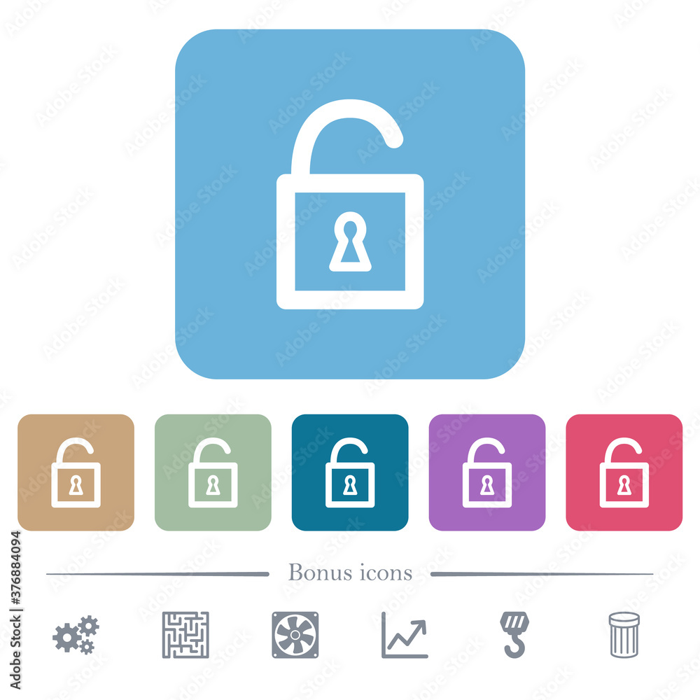 Unlocked padlock with keyhole flat icons on color rounded square backgrounds Unlocked padlock with keyhole flat icons on color rounded square backgrounds