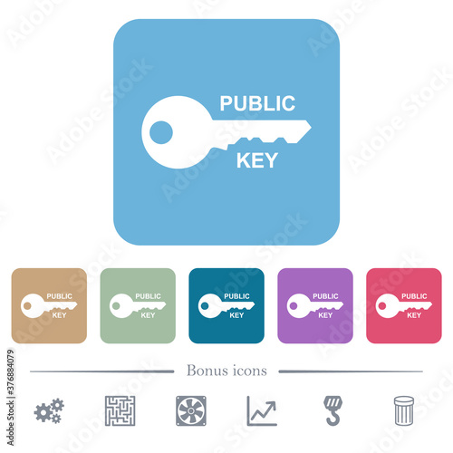 Public key flat icons on color rounded square backgrounds