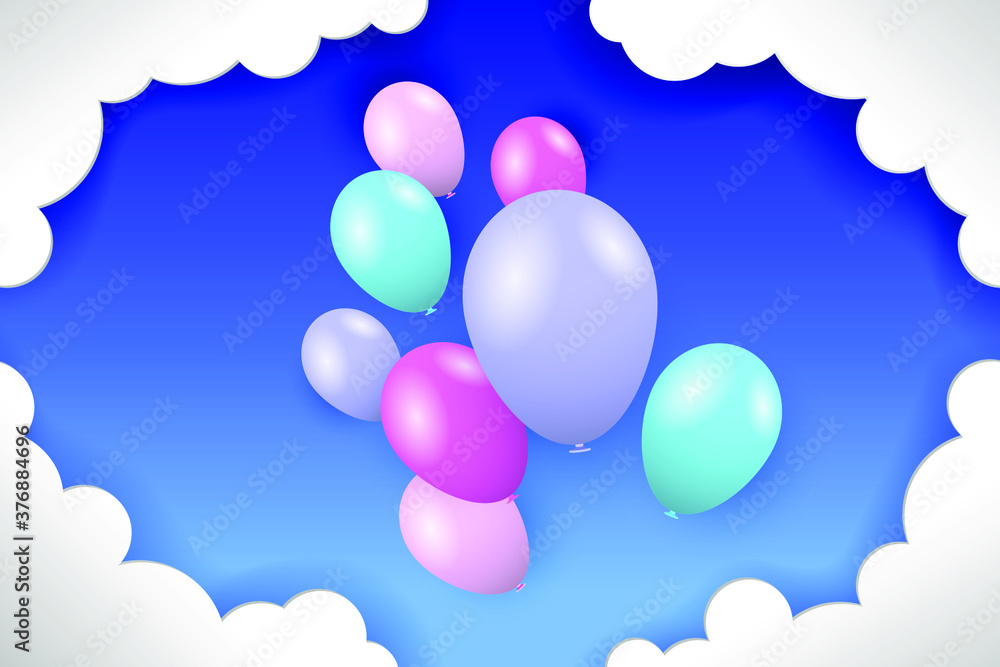 Colorful balloons and white clouds in the blue sky. Vector illustration EPS10