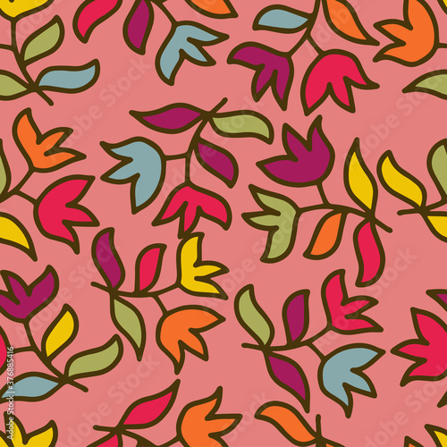 Seamless vector pattern of ornamental lined abstract autumn leaves and flowers 