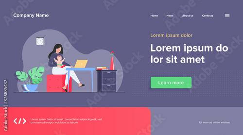New mom working at home. Working mother holding baby in arms, using computer at her workplace. Can be used for freelance worker with kid, maternity, motherhood, online job concept