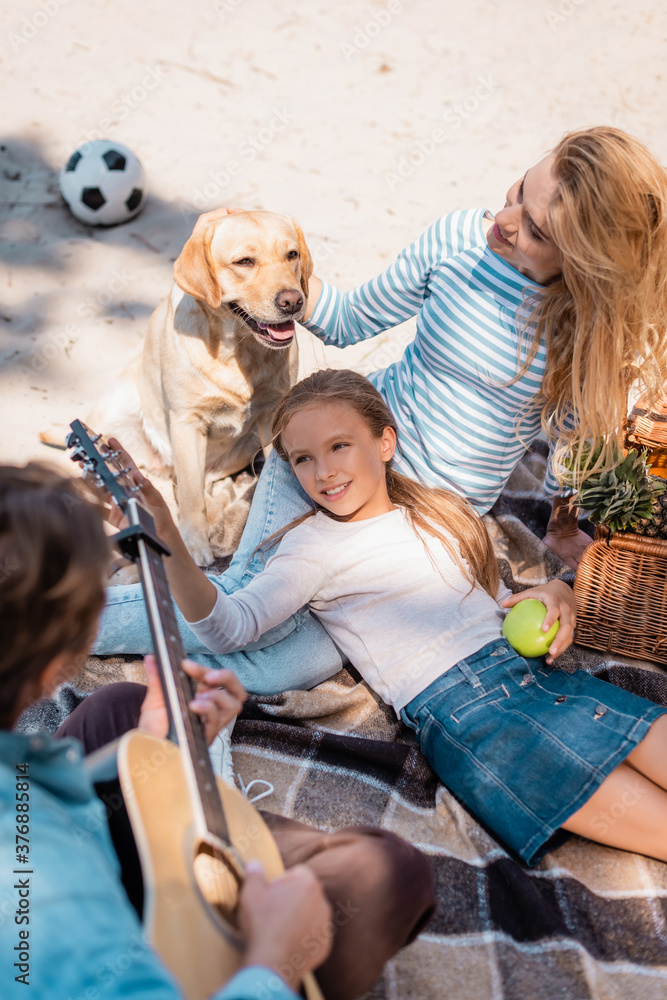 Overhead view of man playing acoustic guitar near wife, daughter and golden retriever on beach Overhead view of man playing acoustic guitar near wife, daughter and golden retriever on beach