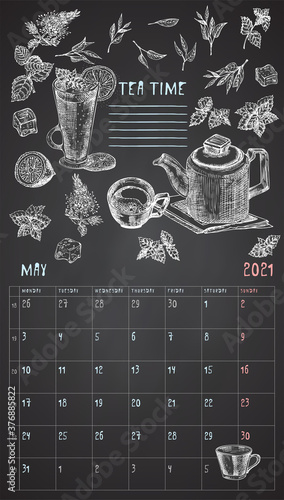 2021 Page of wall vintage calendar planner. May month. Week starts on Monday. Alcohol bar theme. Tea time cocktails Retro poster Place to write recipe Sketch engraving style illustration