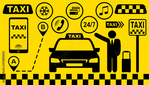 set of taxi car icons on yellow background