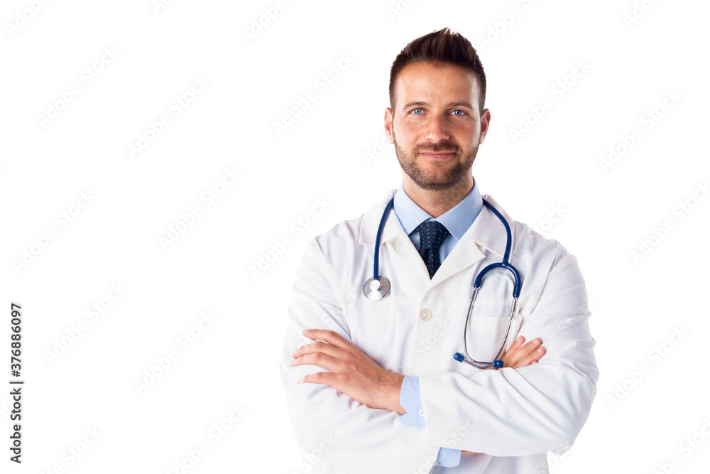 Male doctor portrait while standing at isolated white background Male doctor portrait while standing at isolated white background