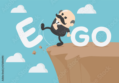 Business concept cartoon Senior Elderly businessmen  is an egoist with word ego kicked off the cliff