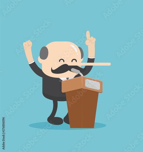 Senior Businesswoman on a podium giving speech with his long nose