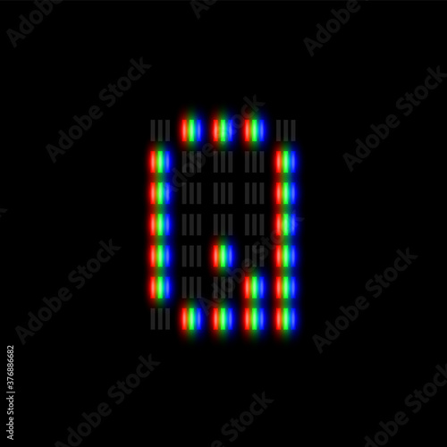 RGB pixel font character with glow, red-green-blue pixels, vector illustration
