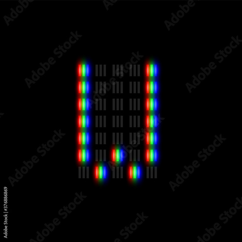 RGB pixel font character with glow, red-green-blue pixels, vector illustration