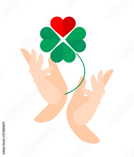 four leaf clover green color with one red heart in hands on white background, flat vector illustration icon. symbol of good luck, happiness, love lucky.