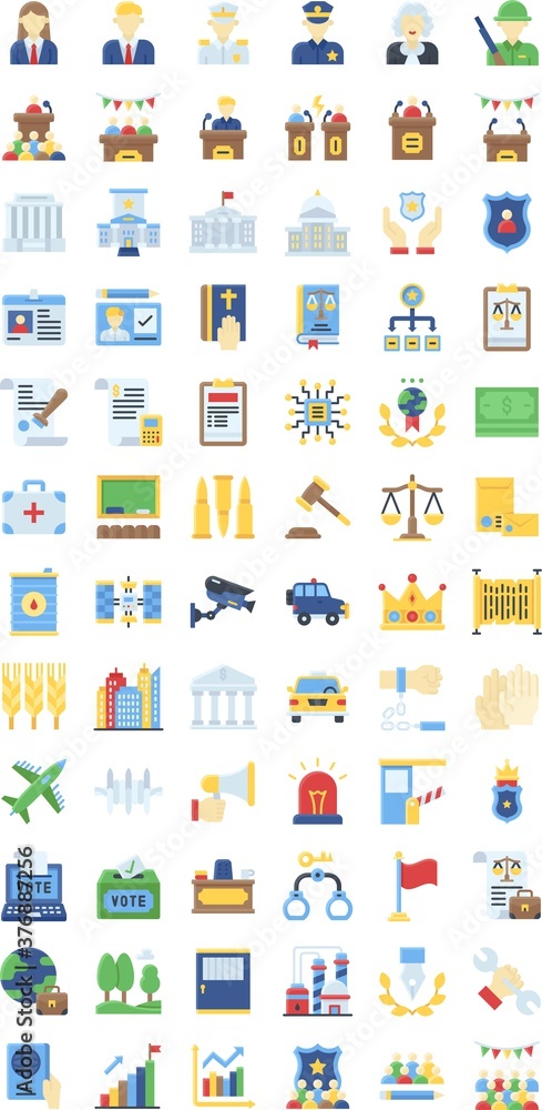 Fototapeta premium administrative related judge, team work, speech table, police van, vote box, CCTV camera, wooden hammer, bullet, book, megaphone, bank, company building, and entry card vector in flat style,