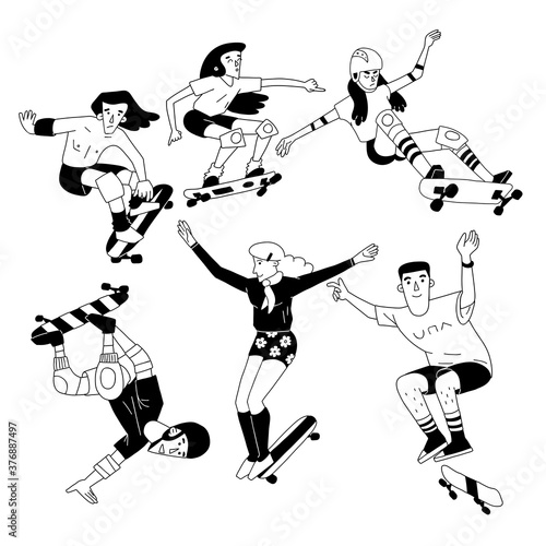 Skateboarding teenagers set. Collection of vintage black and white cartoon illustrations of male and female skaters. Isolated on white background.