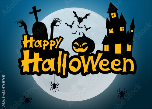 Halloween 2020 greeting vector template  lettering of Happy Halloween with pumpkin and castle element isolated against white background