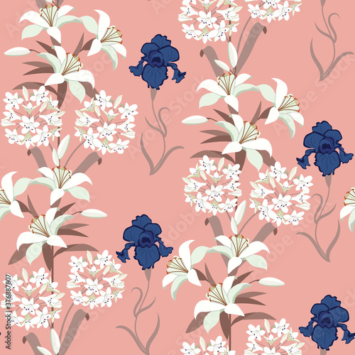 Vector seamless summer illustration with irises and lilies.