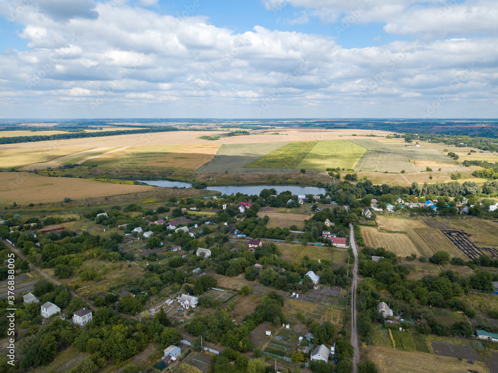 Agricultural village in Ukraine. Aerial drone view.