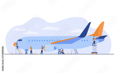Plane service isolated flat vector illustration. Cartoon mechanics repairing airplane before flight or adding fuel. Aircraft maintenance and aviation concept