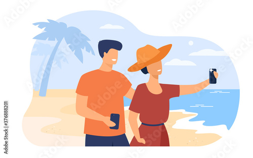 Happy young couple taking photo with cellphone flat vector illustration. Cartoon man and woman enjoying travel. Summer vacation and beach holiday concept