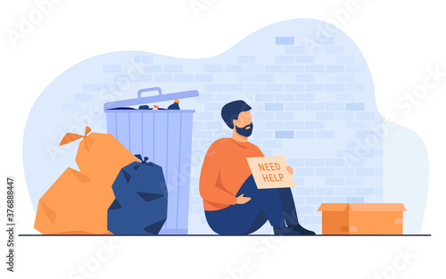 Homeless dirty man sitting on ground with nameplate need help isolated flat vector illustration. Cartoon desperate poor person sitting on street near trash. Charity and unemployment concept