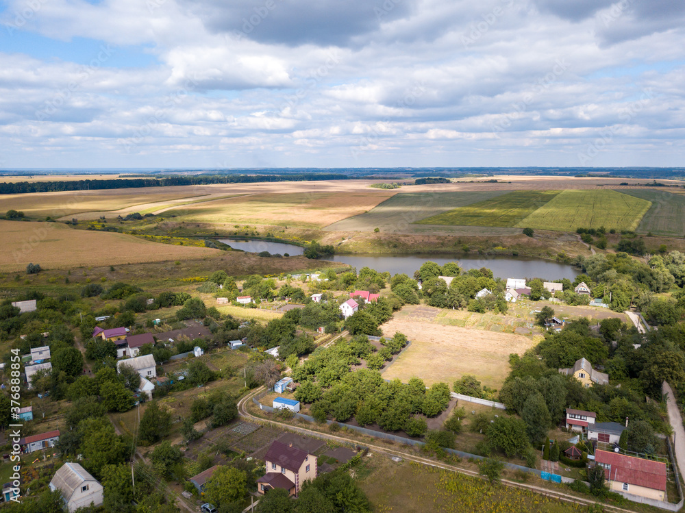 Agricultural village in Ukraine. Aerial drone view.