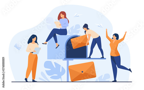 Tiny women getting mail from mailbox flat vector illustration. Cartoon people reading newsletter or social news. Marketing and mail service for business concept