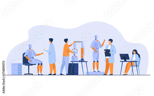 Scientists making robots in lab isolated flat vector illustration. Cartoon people creating computer hardware and machines. Science and technology development concept