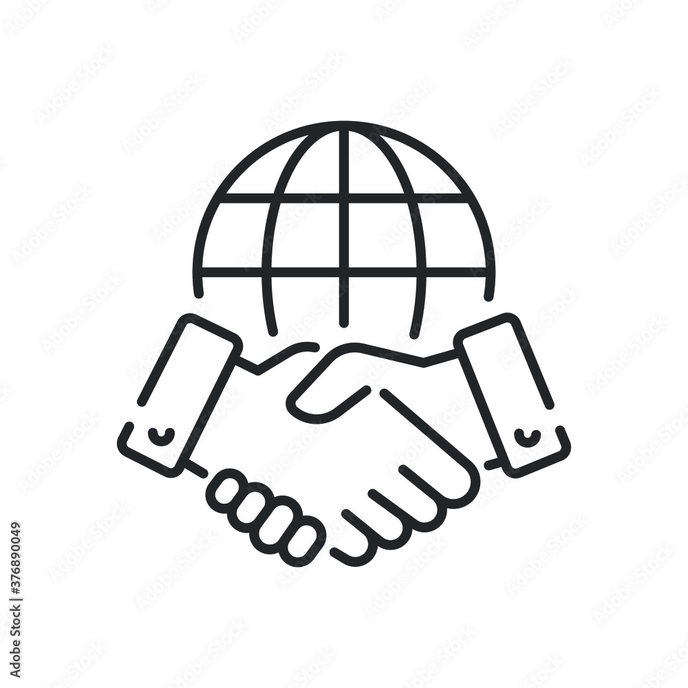 Line icon style business agreement. Hand shake with globe for deal contract, International partnership, Global business teamwork. Simple outline Vector illustration. Design on White background. EPS 10