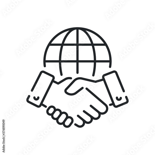 Line icon style business agreement. Hand shake with globe for deal contract, International partnership, Global business teamwork. Simple outline Vector illustration. Design on White background. EPS 10