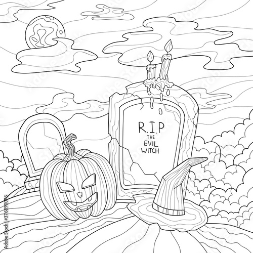 A creepy pumpkin, graves with cracks, the evil witch's hat, candles, sky, clouds and moon. Halloween funny hand drawn illustration on white isolated background. Suitable for coloring book pages.