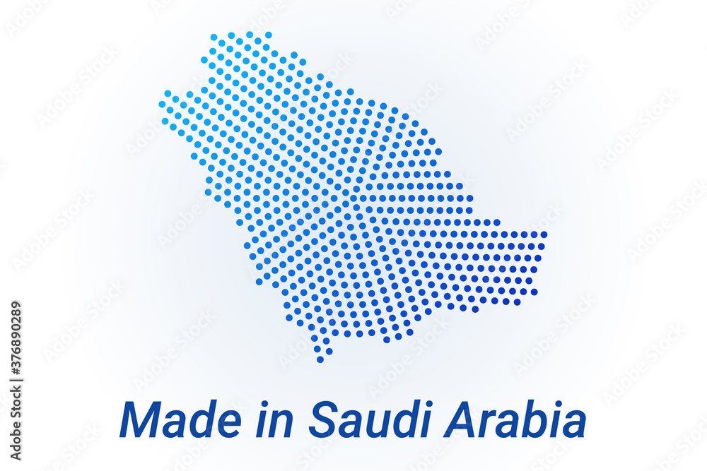 Map icon of Saudi Arabia. Vector logo illustration with text Made in Saudi Arabia. Blue halftone dots background. Round pixels. Modern digital graphic design.