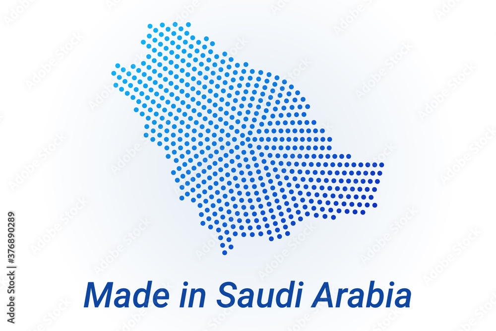 Fototapeta premium Map icon of Saudi Arabia. Vector logo illustration with text Made in Saudi Arabia. Blue halftone dots background. Round pixels. Modern digital graphic design.