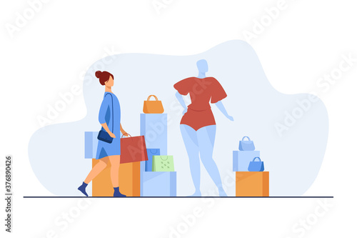 Woman shopping in fashion store. Customer with bags, mannequin, accessory flat vector illustration. Consumerism, consumer, clothes purchase concept for banner, website design or landing web page