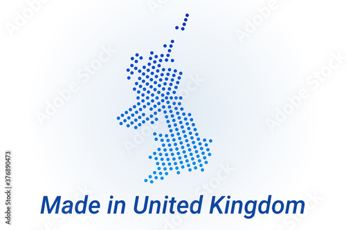 Map icon of United Kingdom. Vector logo illustration with text Made in United Kingdom. Blue halftone dots background. Round pixels. Modern digital graphic design.