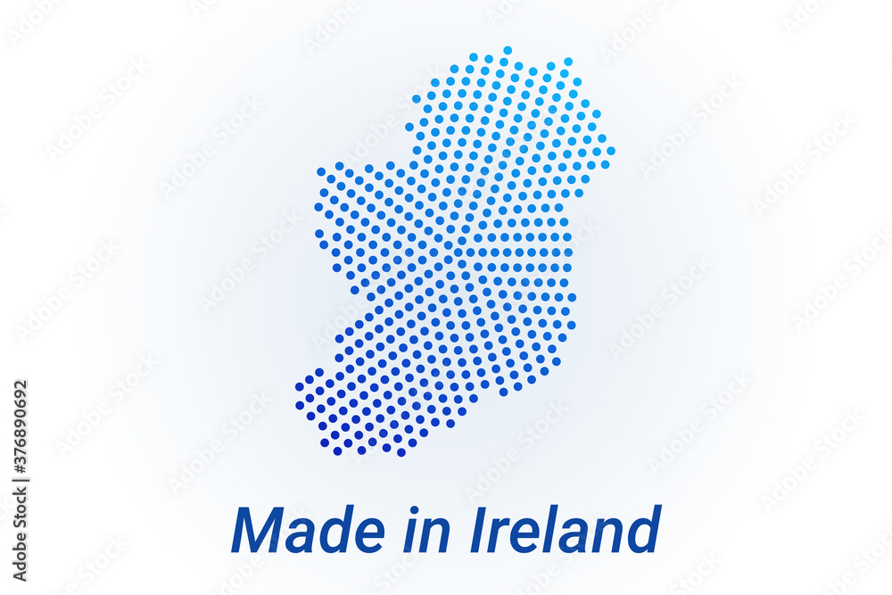 Map icon of Ireland. Vector logo illustration with text Made in Ireland. Blue halftone dots background. Round pixels. Modern digital graphic design.