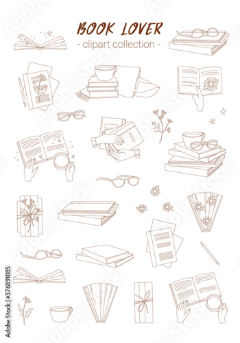Hand drawn vector clip art. Book lover collection. Reading, study, back to school. Line art.