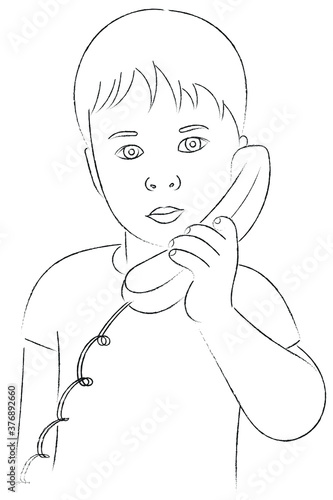 Sketch portrait of a little boy with a telephone receiver in his hand