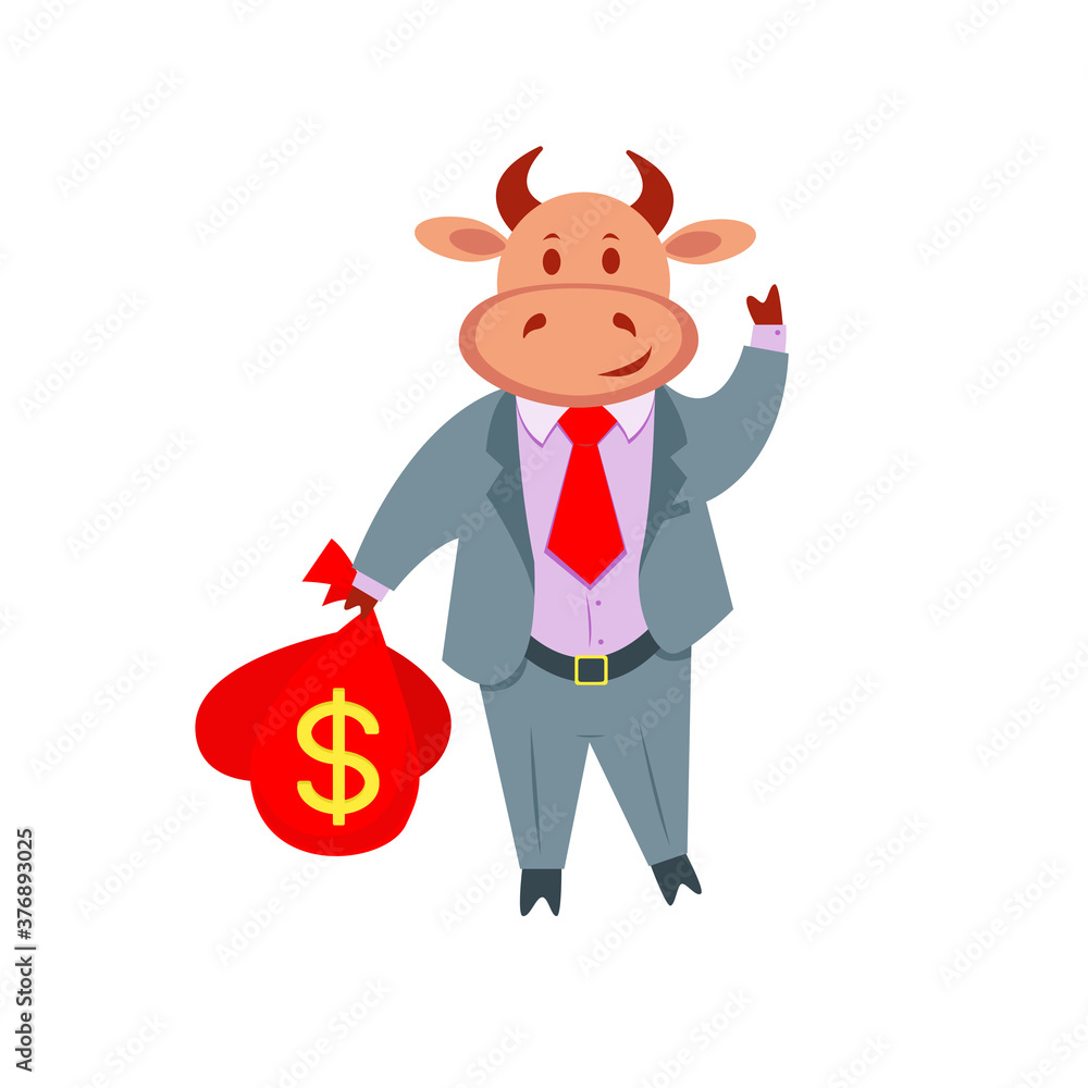 Bull businessman in a suit with a bag of money isolated on white background. The bull is the symbol of 2021. Stock vector illustration in flat style. Bull businessman in a suit with a bag of money isolated on white background. The bull is the symbol of 2021. Stock vector illustration in flat style.