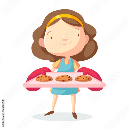 Smiling woman holding baking tray with homemade fresh cookies