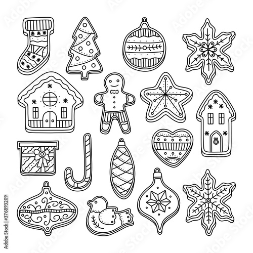 Set of Christmas gingerbread cookies, house, tree, pine cone, heart, socks, man with glaze for decoration. Biscuit for happy Xmas. Vector illustration in doodle style, isolated on white background.