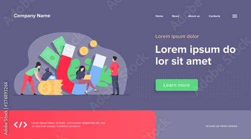 Income and money attraction. People with magnet getting cash. Vector illustration for fast loan, income, investment, profit, finance, success concept