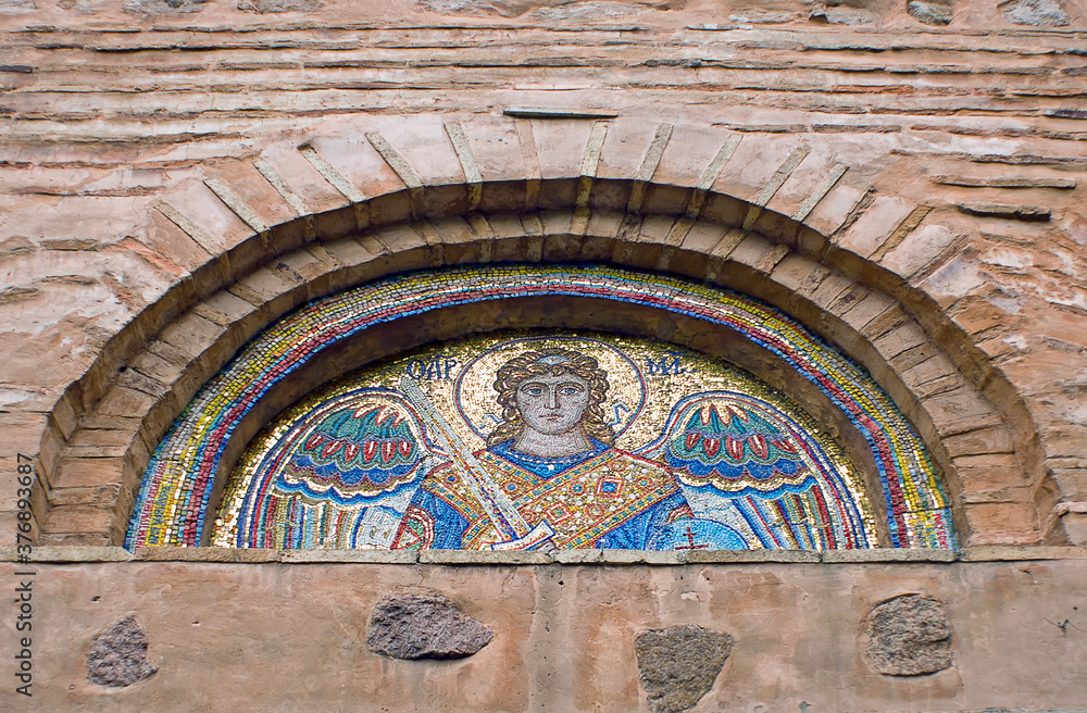 Tympanum with ancient mosaic of Collegiate Church of Saint Michael in Vydubychi Monastery in Kiev, Ukraine
