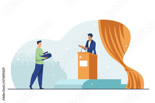 Cameraman shooting speaker on stage. Politician speaking on rostrum before audience flat vector illustration. Spokesman, election campaign concept for banner, website design or landing web page